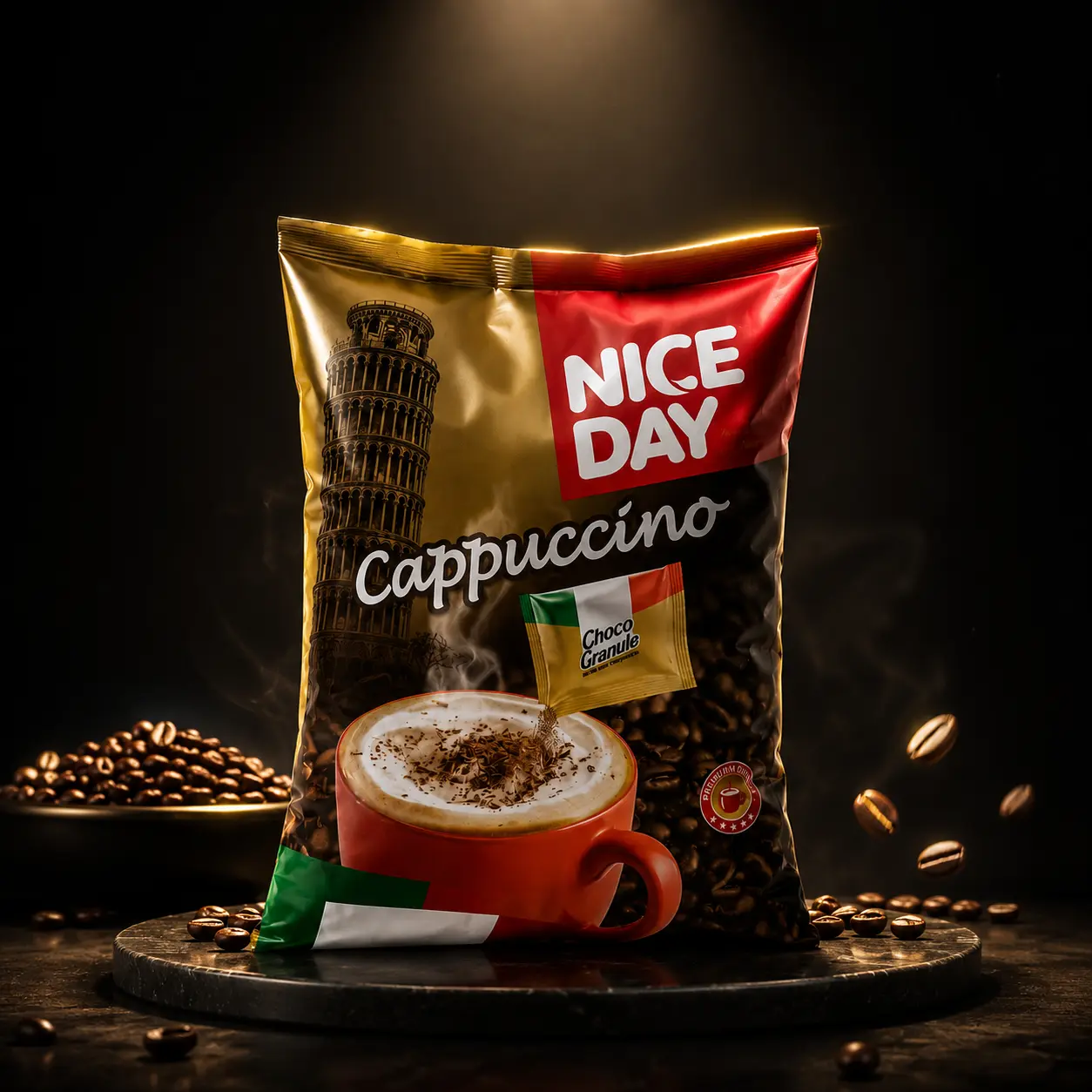 پودر کاپوچینو Nice Day با بسته بندی قرمز و طلایی