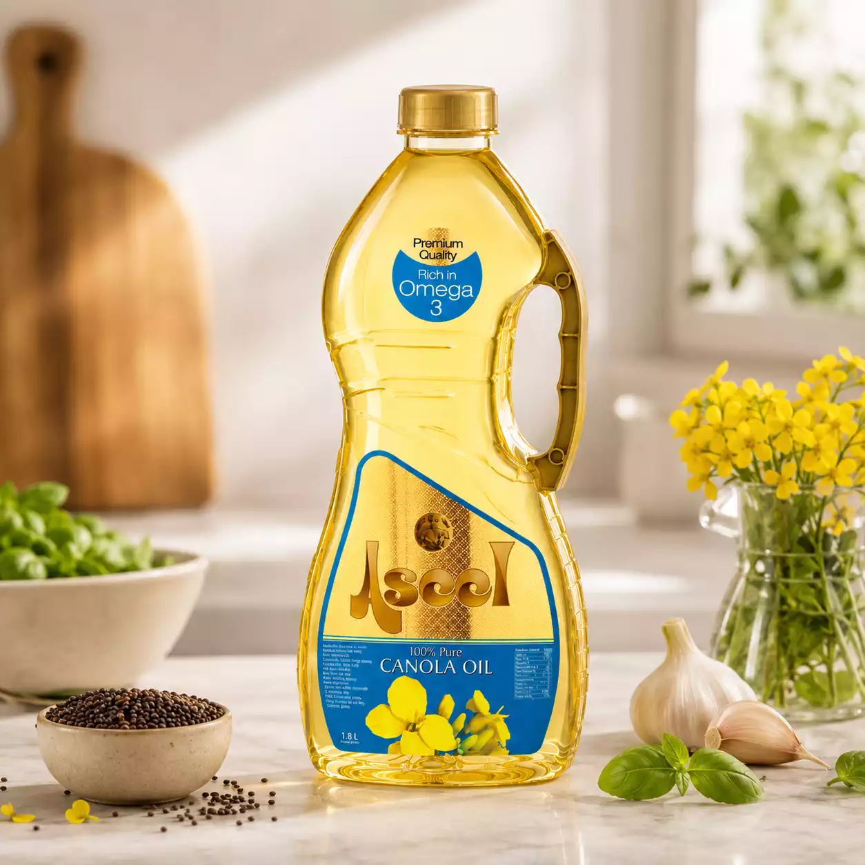روغن کانولا اصیل روی کانتر آشپزخانه در کنار مواد اولیه تازه