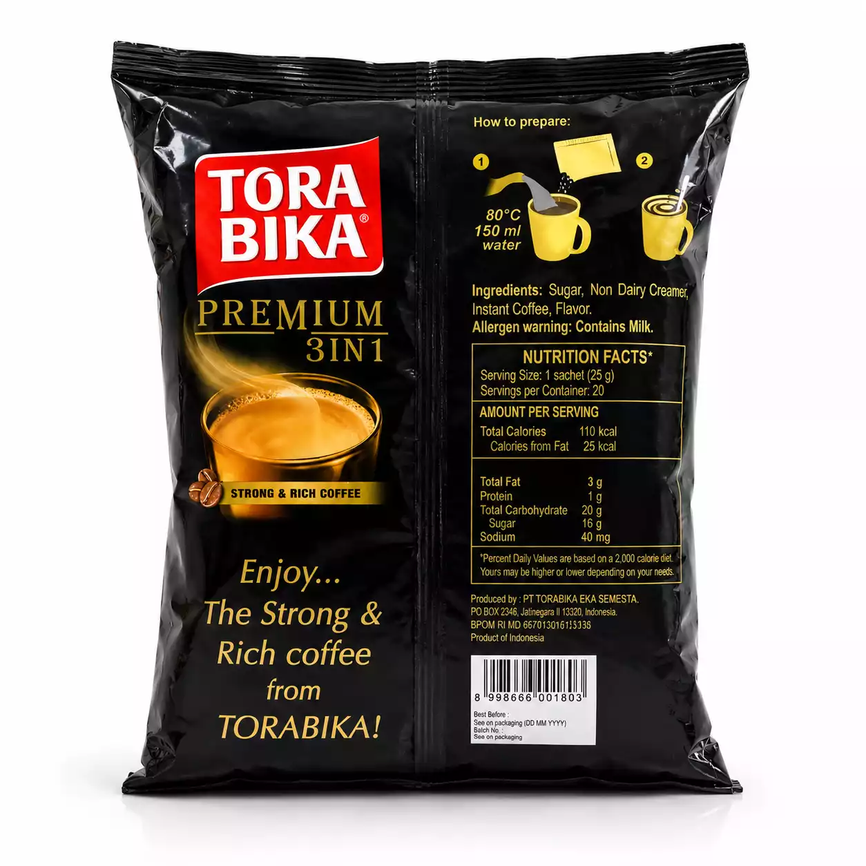 Back of Torabika Premium 3 in 1 coffee package